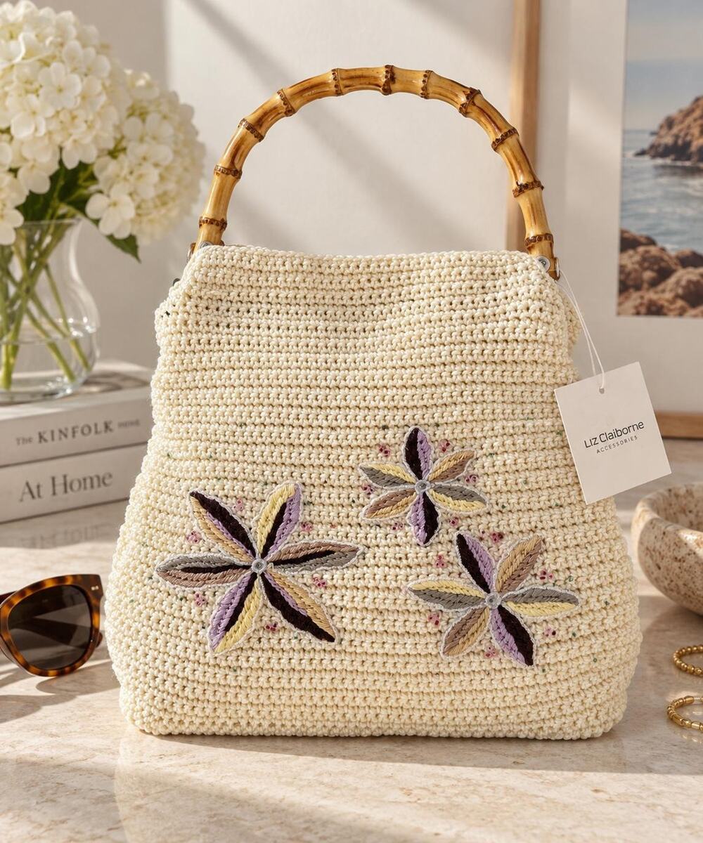 Vintage Liz Claiborne Crochet Handbag, Bamboo Handle, Floral Appliqués (NWT)